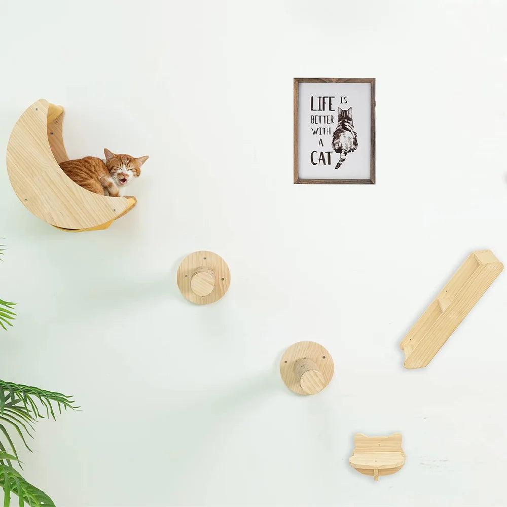 Premium Wooden Cat Wall Furniture Set - Multi-Level Climbing Shelves, Hammocks & Scratching Posts for Indoor Cats