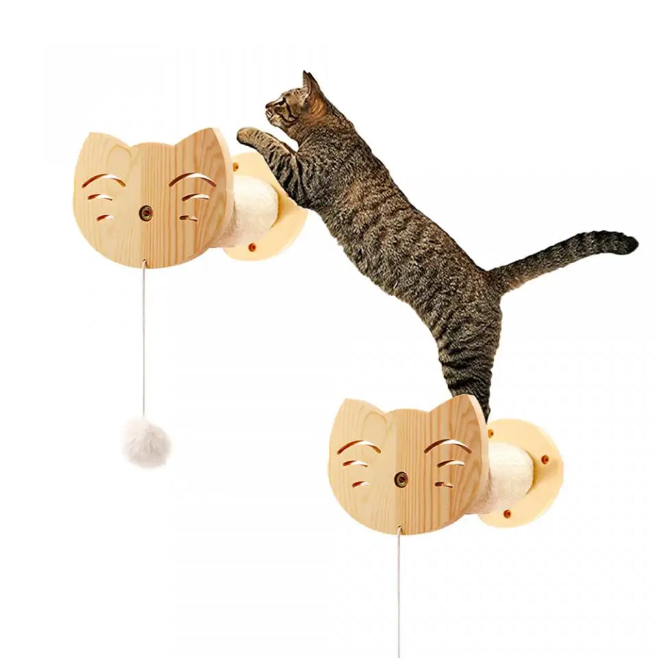 Wooden Cat Wall Climbing System - Modular Shelves & Scratching Posts with Sisal Rope