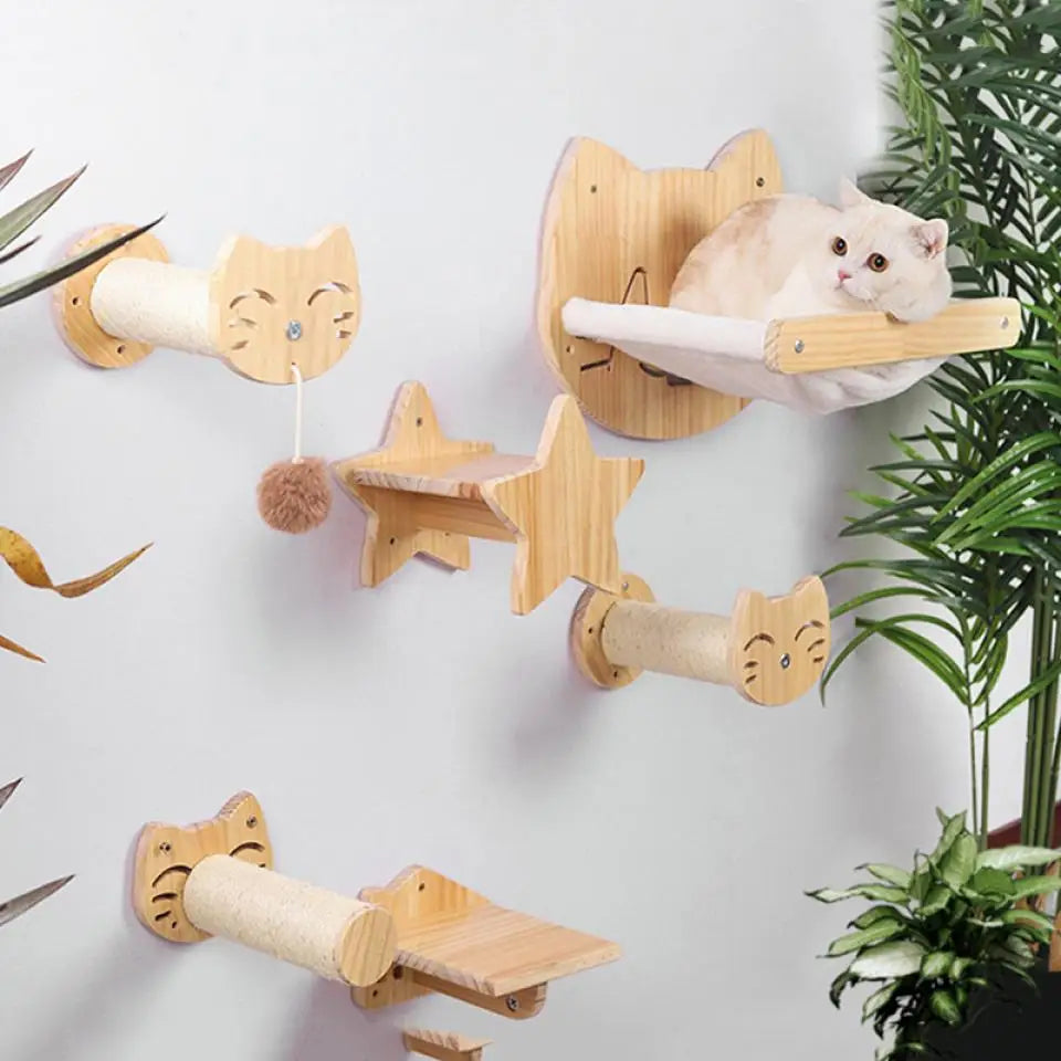Wooden Cat Wall Climbing System - Modular Shelves & Scratching Posts with Sisal Rope