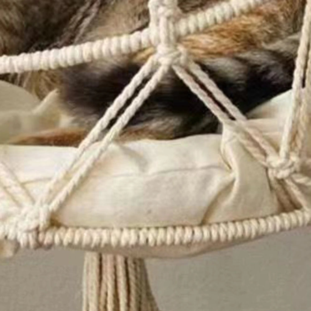 Handwoven Macramé Cat Hammock - Boho Hanging Bed with Cotton Cushion & Decorative Tassels