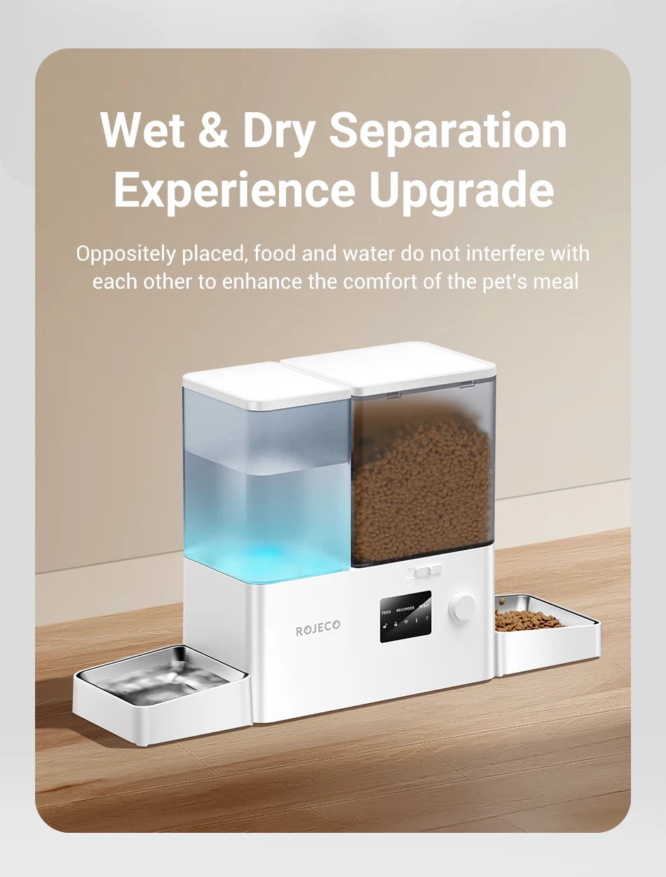 ROJECO 2-in-1 Automatic Cat Feeder & Water Fountain - 5L Food Dispenser & 3.5L Water Bowl with WiFi App Control