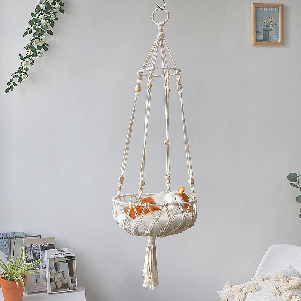 Handwoven Macrame Cat Hammock - Bohemian Cotton Swing Bed for Wall Mounting & Home Décor