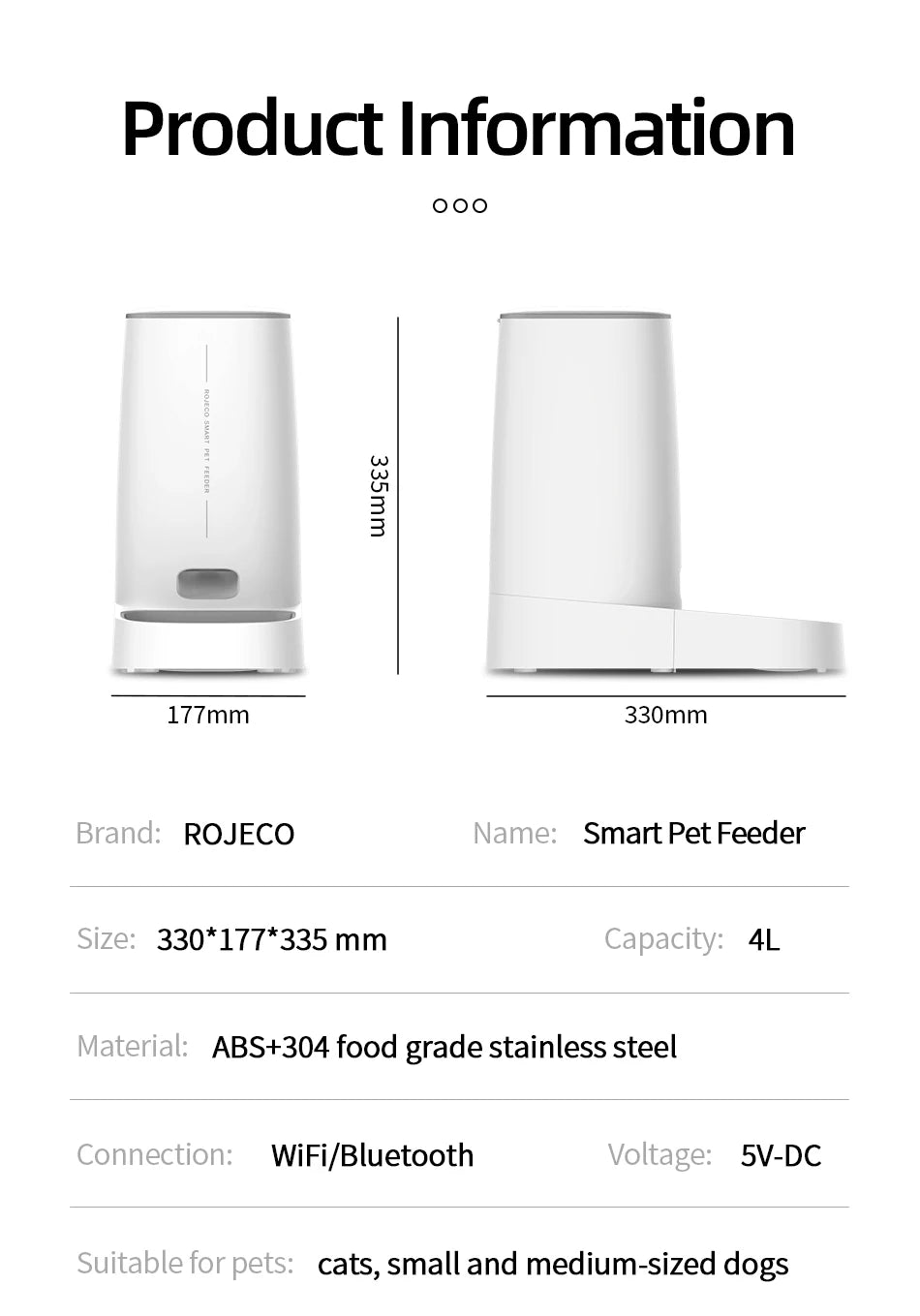 ROJECO 4L Automatic Cat Feeder with WiFi Remote Control - Smart Pet Food Dispenser for Cats