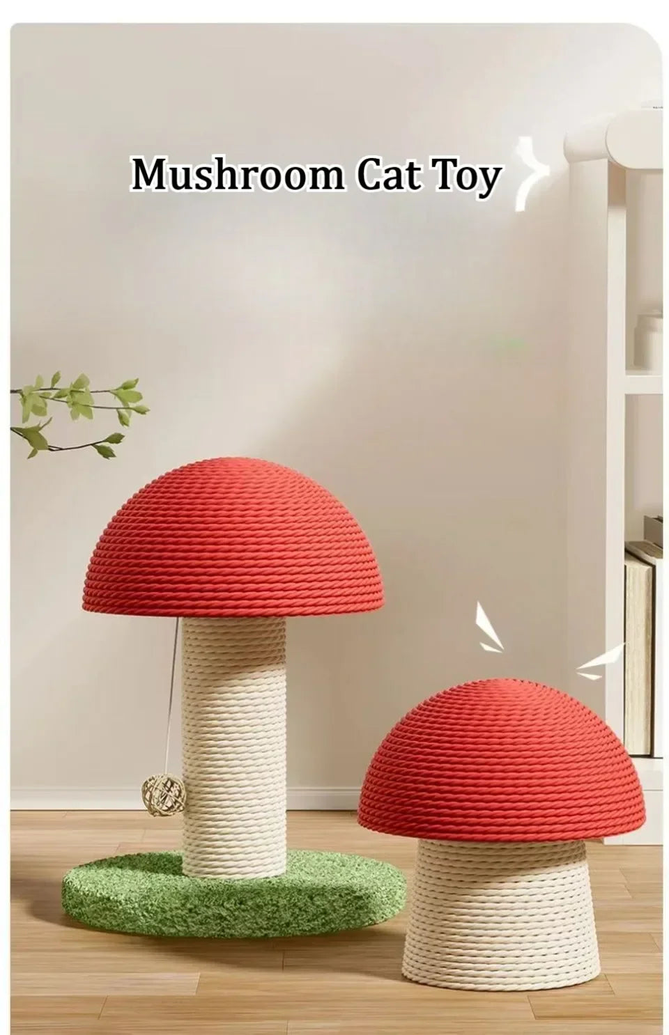 Red Mushroom Cat Scratching Post - Sisal Climbing Tower with Natural Rope Wrapping