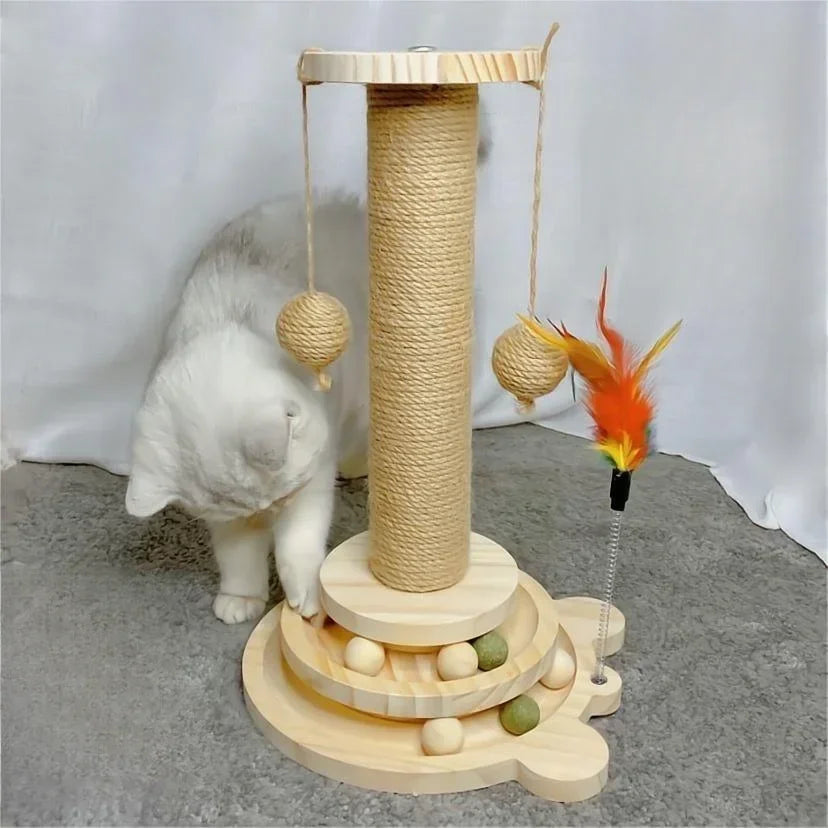 Natural Sisal Cat Scratching Post with Interactive Toy - Multi-Level Wooden Cat Furniture