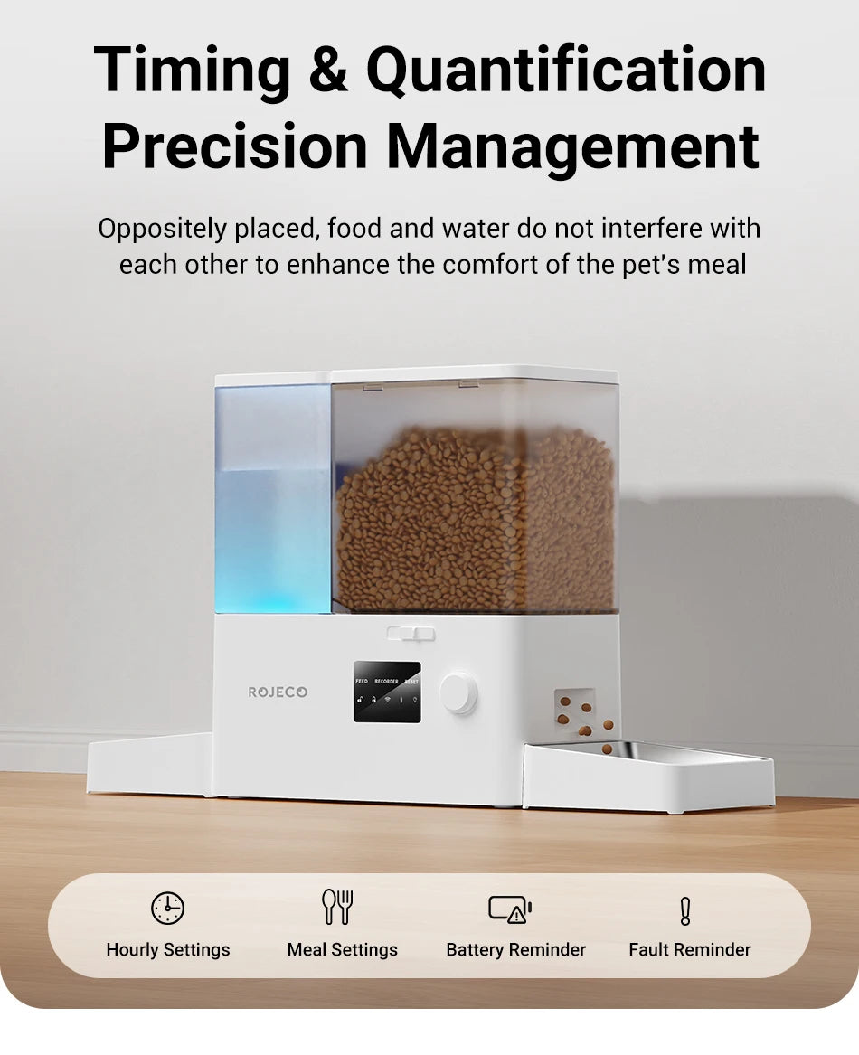 ROJECO 2-in-1 Automatic Cat Feeder & Water Fountain - 5L Food Dispenser & 3.5L Water Bowl with WiFi App Control