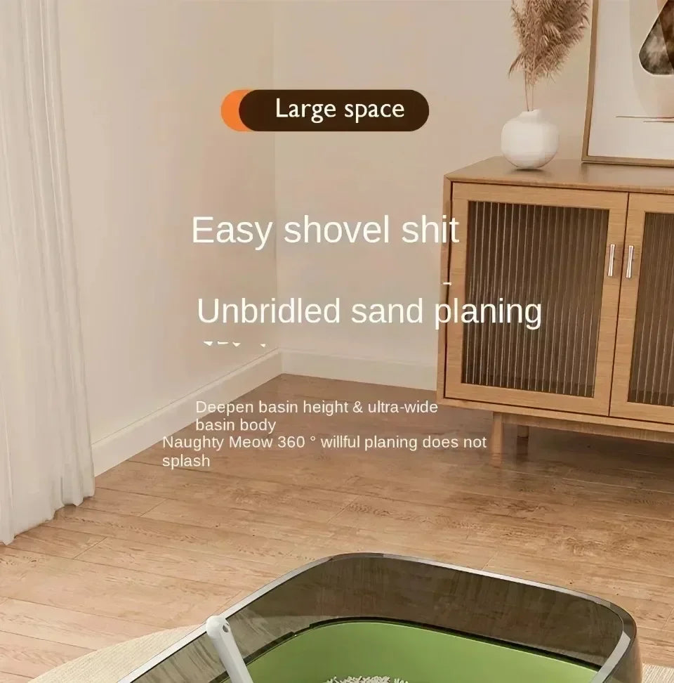 Semi-Enclosed Cat Litter Tray with High Splash Guards & Free Scoop - Easy Clean Open Top Design