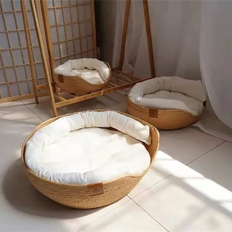 Handwoven Rattan Cat Bed - Natural Breathable Wicker Basket with Plush Cushion for Cats & Small Dogs