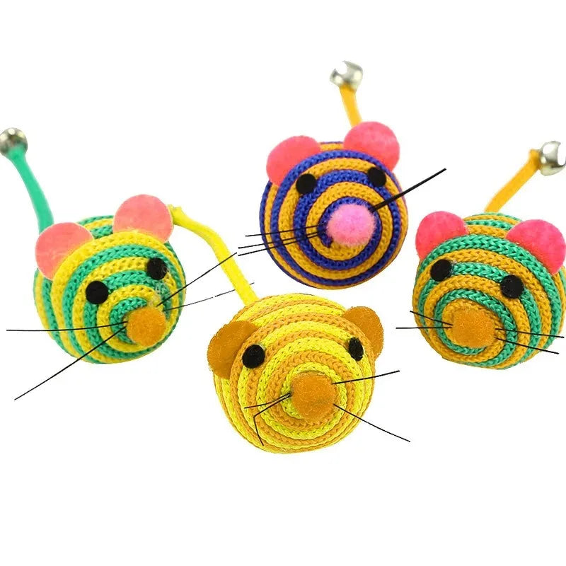 Interactive Cat Toy Mouse with Bell - Striped Nylon Rope Ball