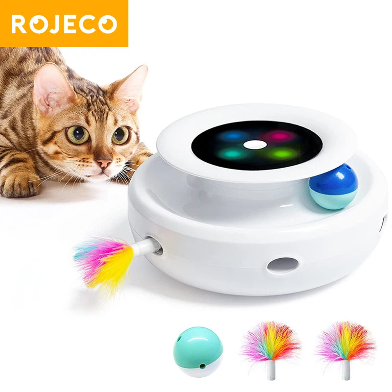 ROJECO 2-in-1 Automatic Toy with Interactive Feather Wand and Ball Launcher - 5 Play Modes for Indoor Cats
