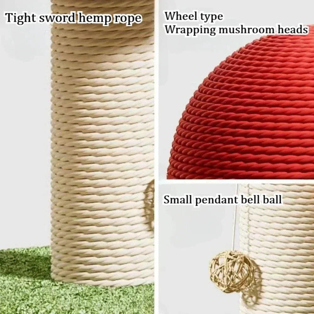 Red Mushroom Cat Scratching Post - Sisal Climbing Tower with Natural Rope Wrapping