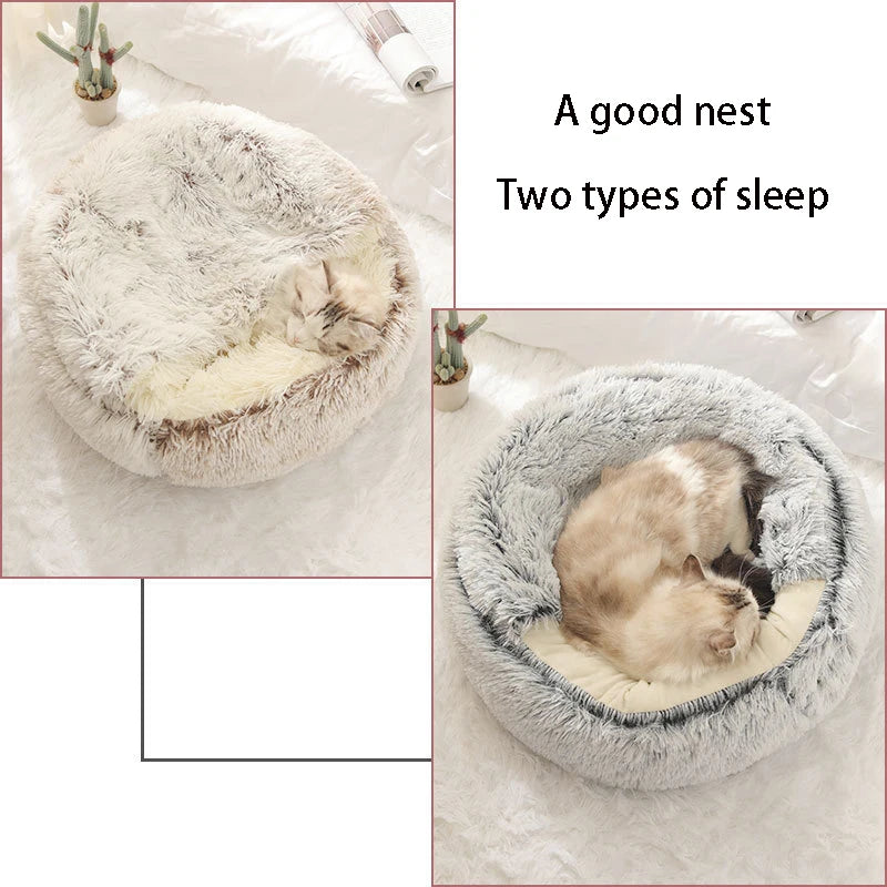 2-in-1 Plush Cave Cat Bed - Convertible Hooded Pet Nest with Removable Cover for Small Cats & Dogs