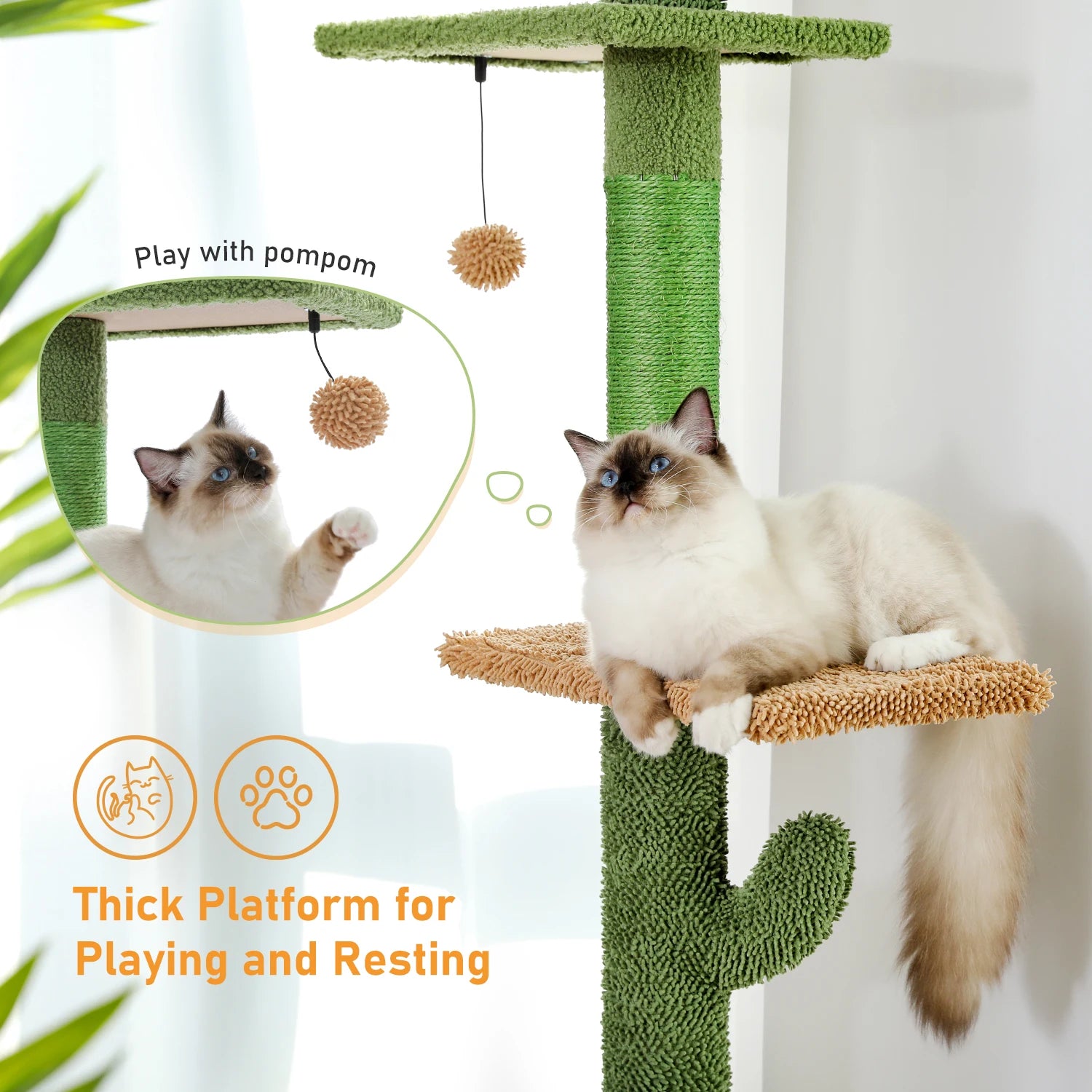 Floor-to-Ceiling Cactus Cat Tree - 5-Tier Climbing Tower with Adjustable Height & Scratching Posts