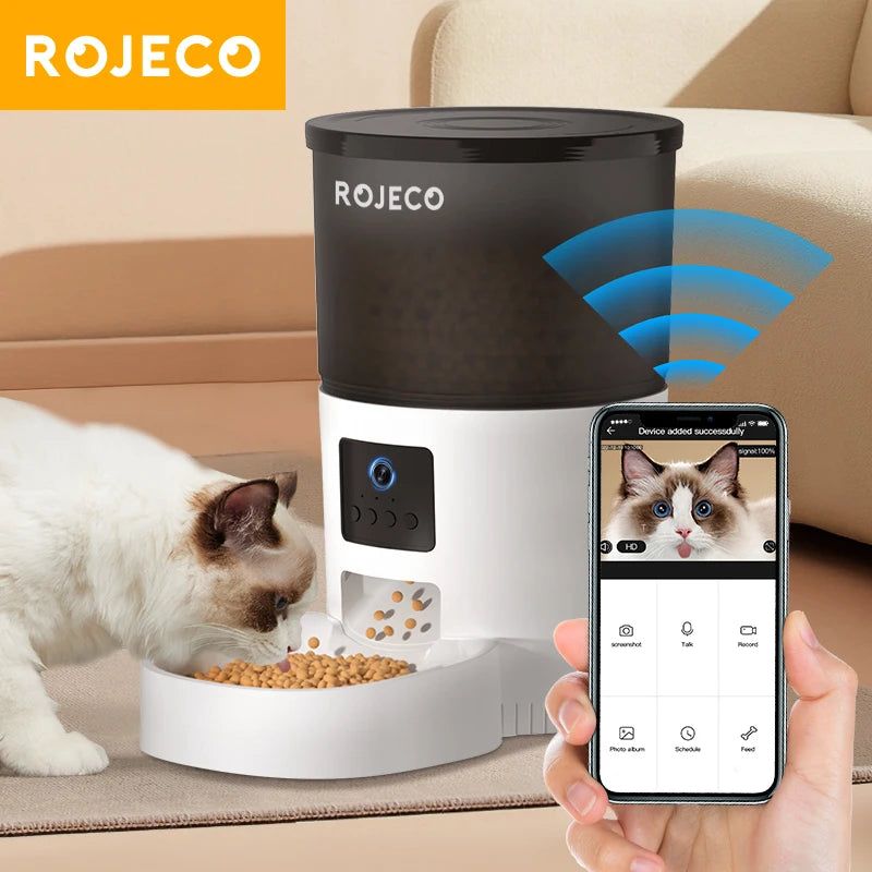 ROJECO Smart Automatic Cat Feeder with Camera - Remote Control Pet Food Dispenser with Voice Recording for Cats and Dogs