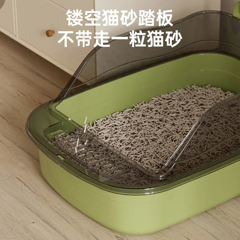 Semi-Enclosed Cat Litter Tray with High Splash Guards & Free Scoop - Easy Clean Open Top Design