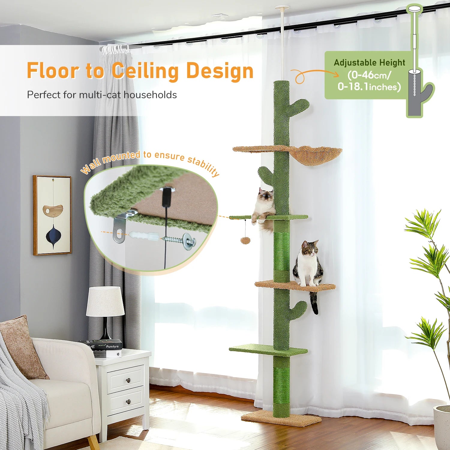 Floor-to-Ceiling Cactus Cat Tree - 5-Tier Climbing Tower with Adjustable Height & Scratching Posts