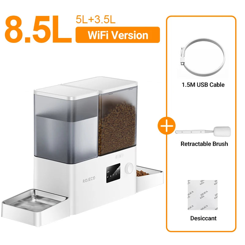 ROJECO 2-in-1 Automatic Cat Feeder & Water Fountain - 5L Food Dispenser & 3.5L Water Bowl with WiFi App Control