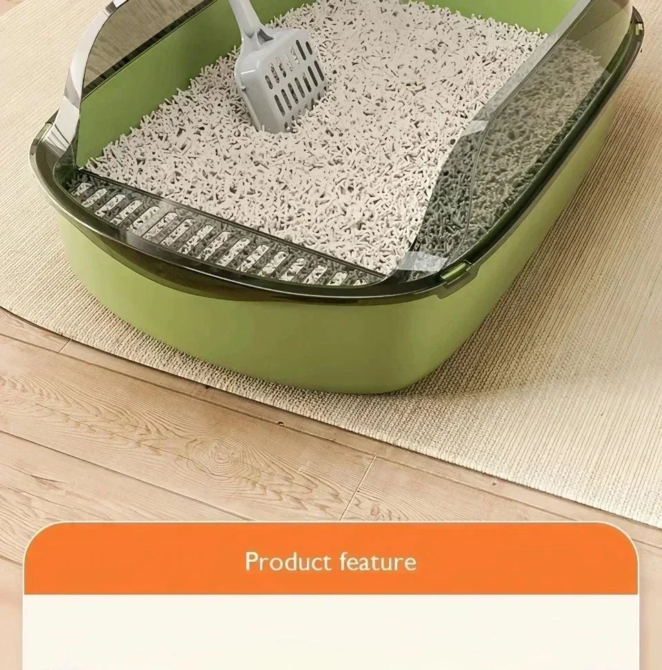 Semi-Enclosed Cat Litter Tray with High Splash Guards & Free Scoop - Easy Clean Open Top Design