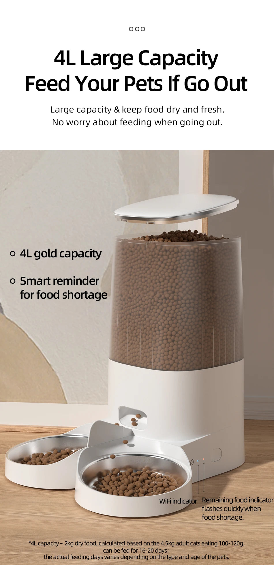 ROJECO 4L Automatic Cat Feeder with WiFi Remote Control - Smart Pet Food Dispenser for Cats
