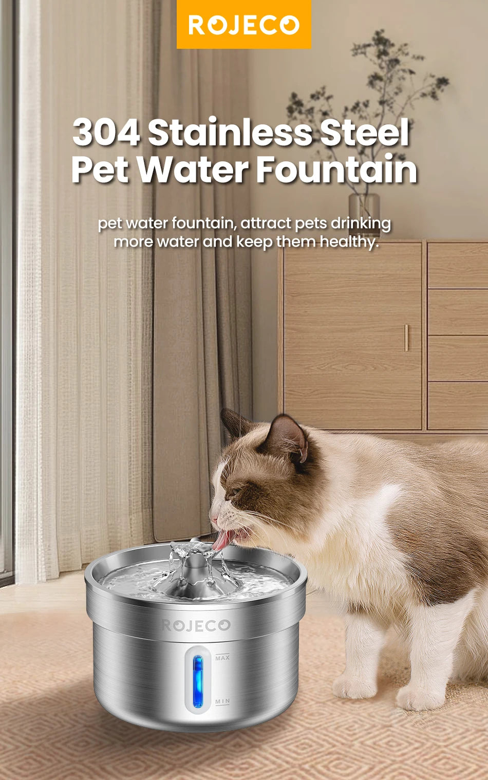 ROJECO Stainless Steel Cat Water Fountain - Automatic Pet Drinking Fountain