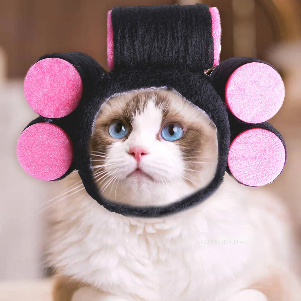 Cat Curler Hat - Adjustable Novelty Pet Headwear with Pink Hair Rollers