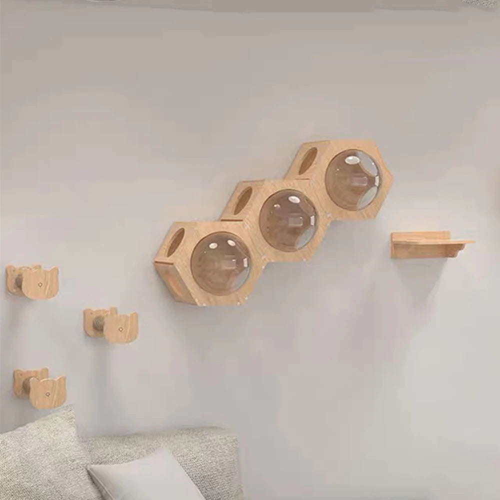 Modular Wall-Mounted Cat Climbing System - Wooden Cat Tree Shelves with Hammocks & Scratching Posts