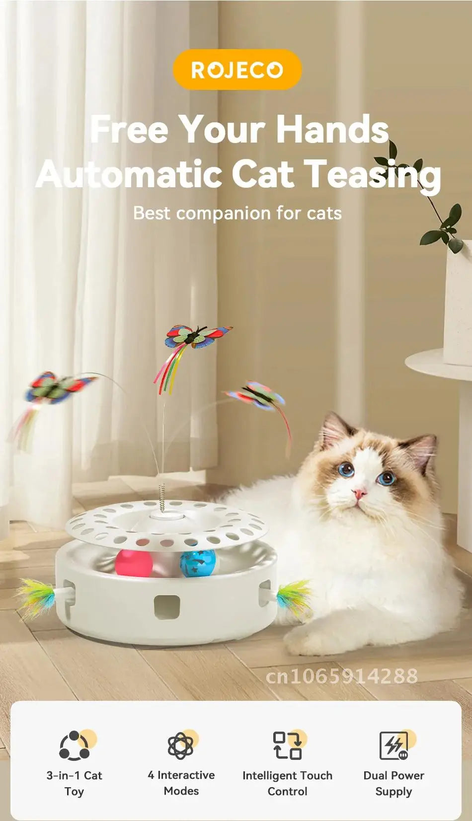 ROJECO 3-in-1 Automatic Cat Teaser Toy - Interactive Feather & Ball Set for Indoor Cats