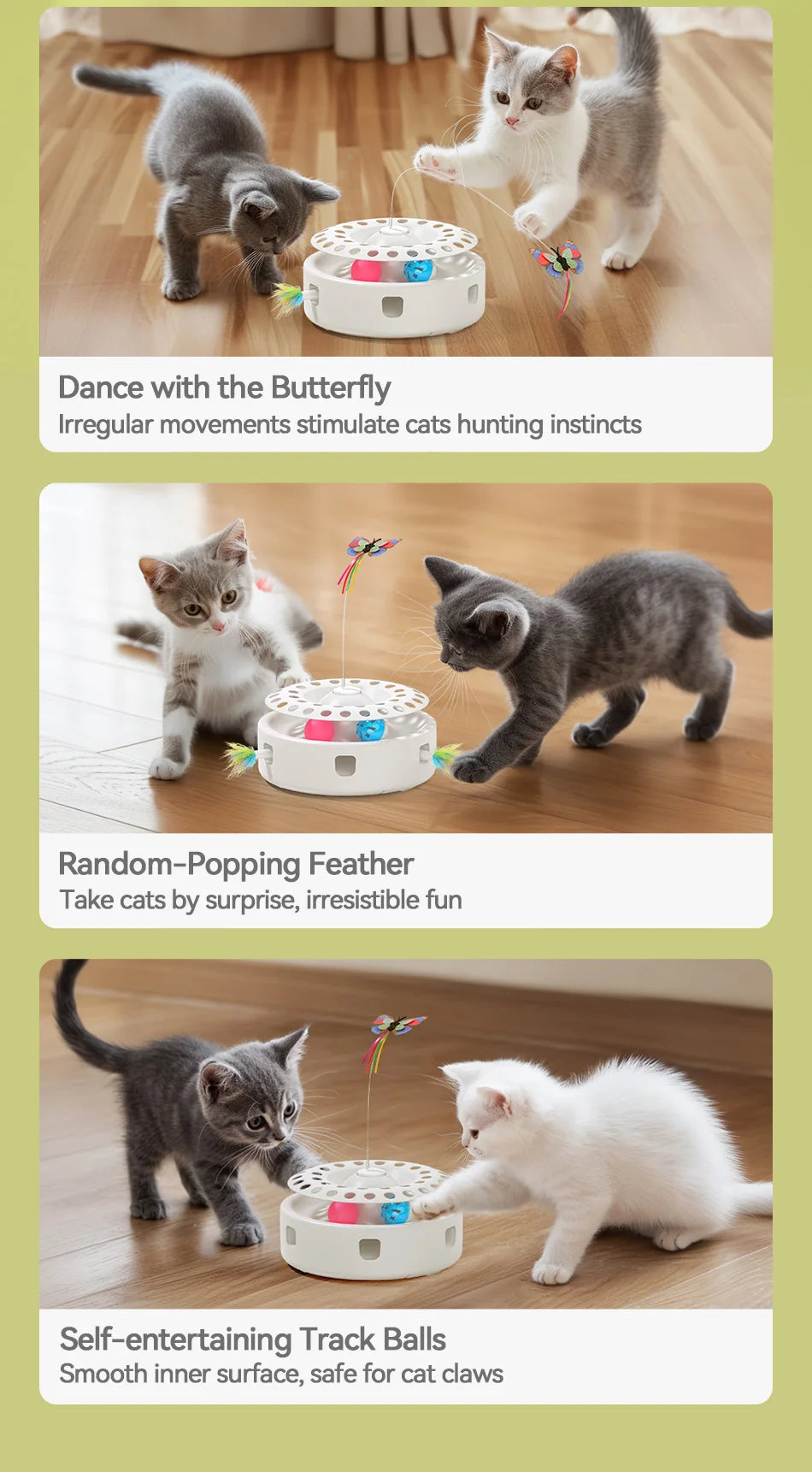 ROJECO 3-in-1 Automatic Interactive Cat Toy - Wireless Feather Teaser with Track Ball and Ambush Play Station for Indoor Cats