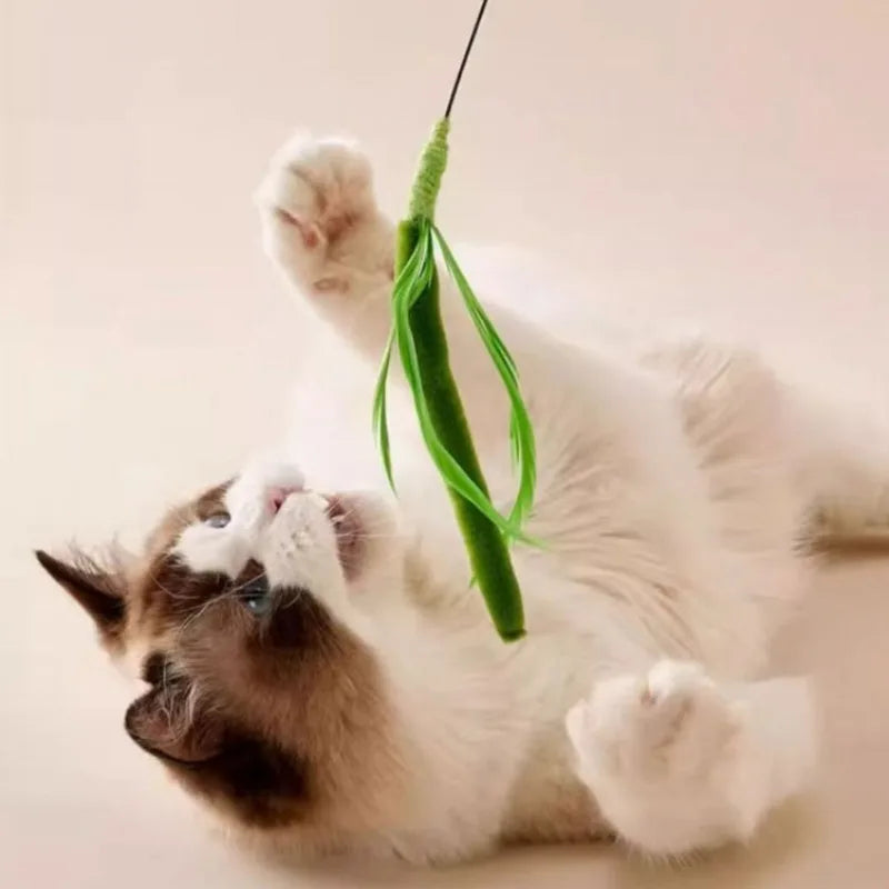 Interactive Feather Wand Cat Toy with Natural Grass Tail