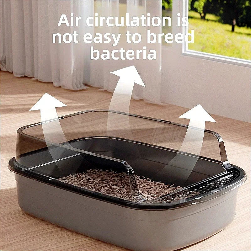 Semi-Enclosed Cat Litter Tray with High Splash Guards & Free Scoop - Easy Clean Open Top Design