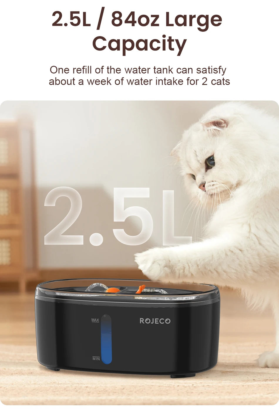 ROJECO 2.5L Automatic Cat Water Fountain - Dual Bowl Wireless Pet Drinking Fountain with Ultra-Quiet Pump for Cats or Small Dogs