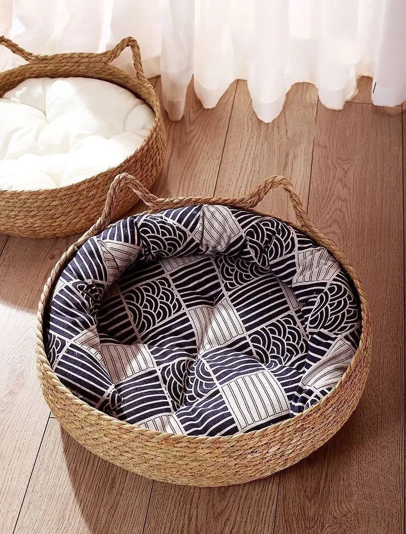 Handwoven Natural Cat Bed - Removable Cushion with Year-Round Comfort & Easy-Wash Design