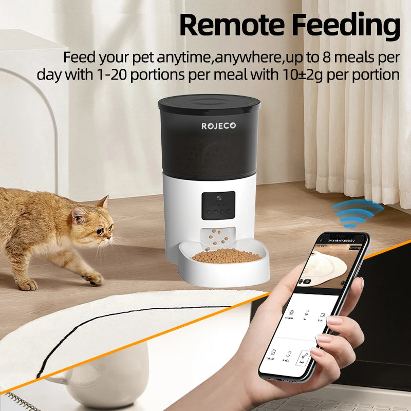 ROJECO Smart Automatic Cat Feeder with Camera - Remote Control Pet Food Dispenser with Voice Recording for Cats and Dogs