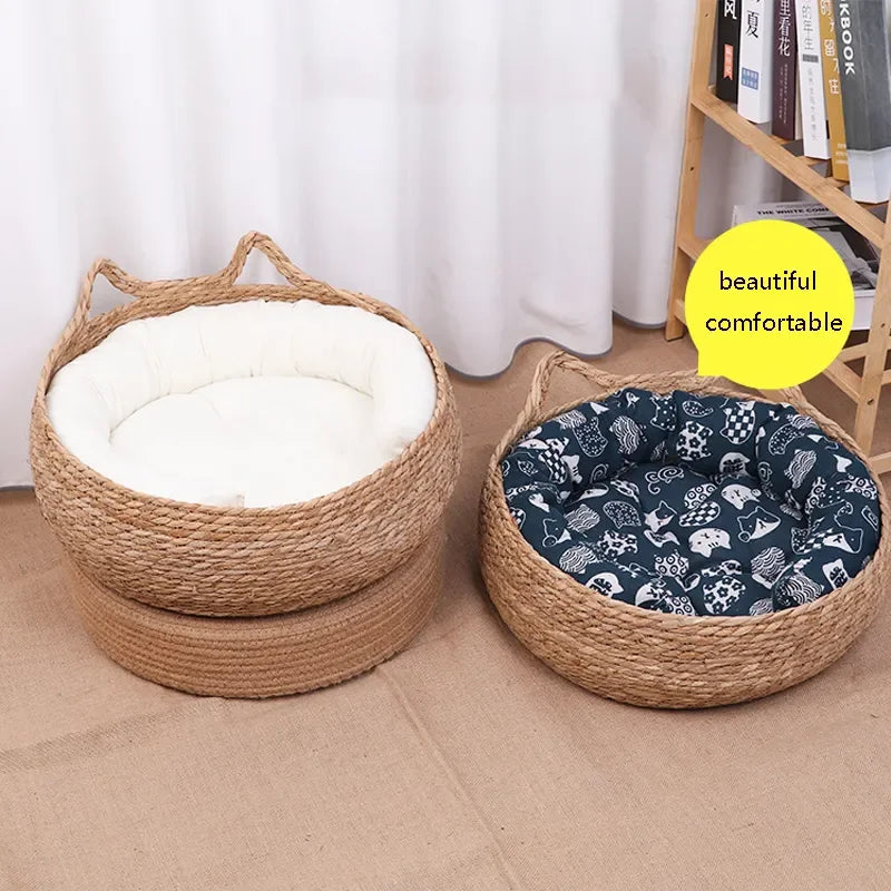 Handwoven Natural Cat Bed - Removable Cushion with Year-Round Comfort & Easy-Wash Design