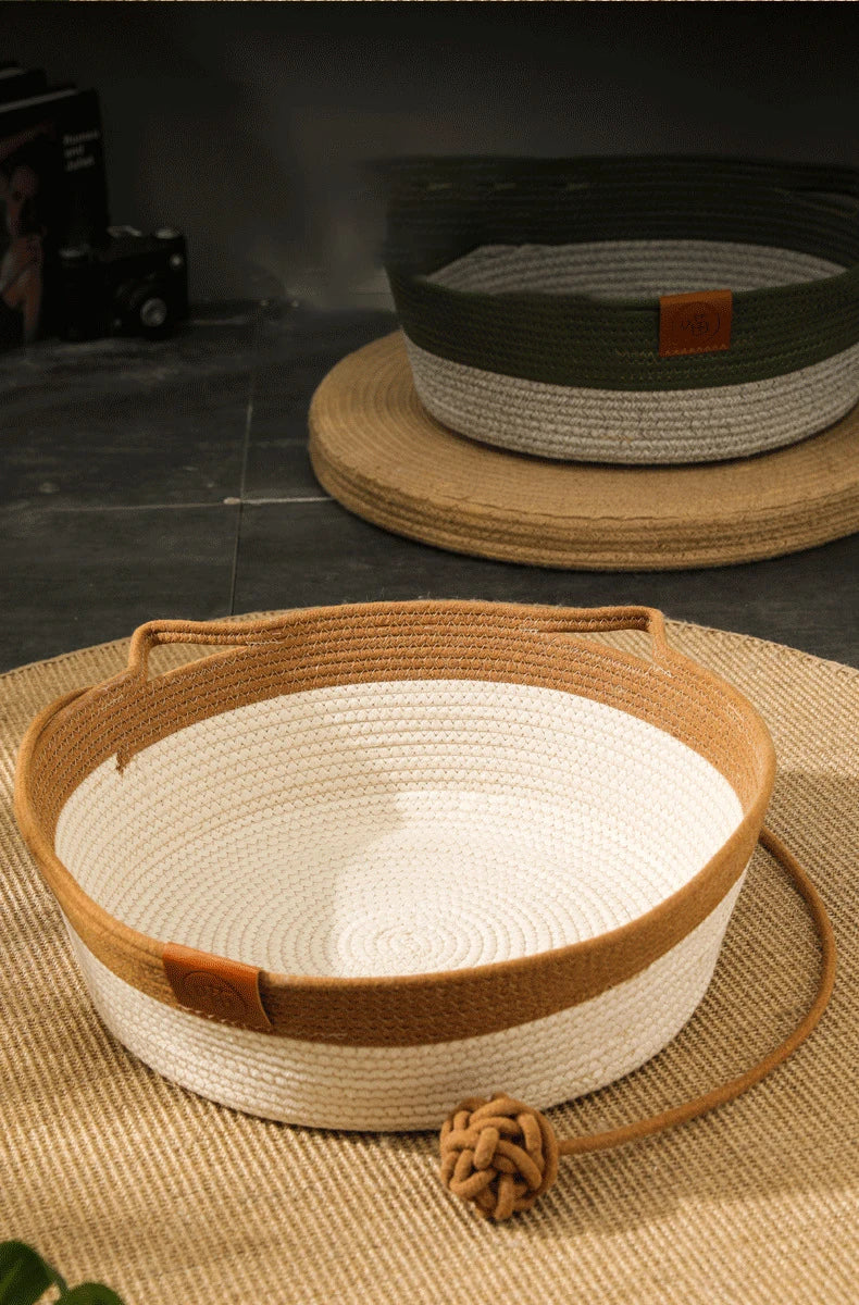 Handwoven Rattan Cat Bed - Natural Eco-Friendly Pet Basket with Removable Washable Cushion & Scratch-Resistant Base