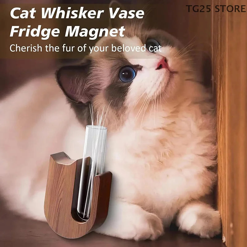 Cat Whisker Keepsake Vase - Wooden & Glass Fridge Magnet Display for Treasured Pet Memories