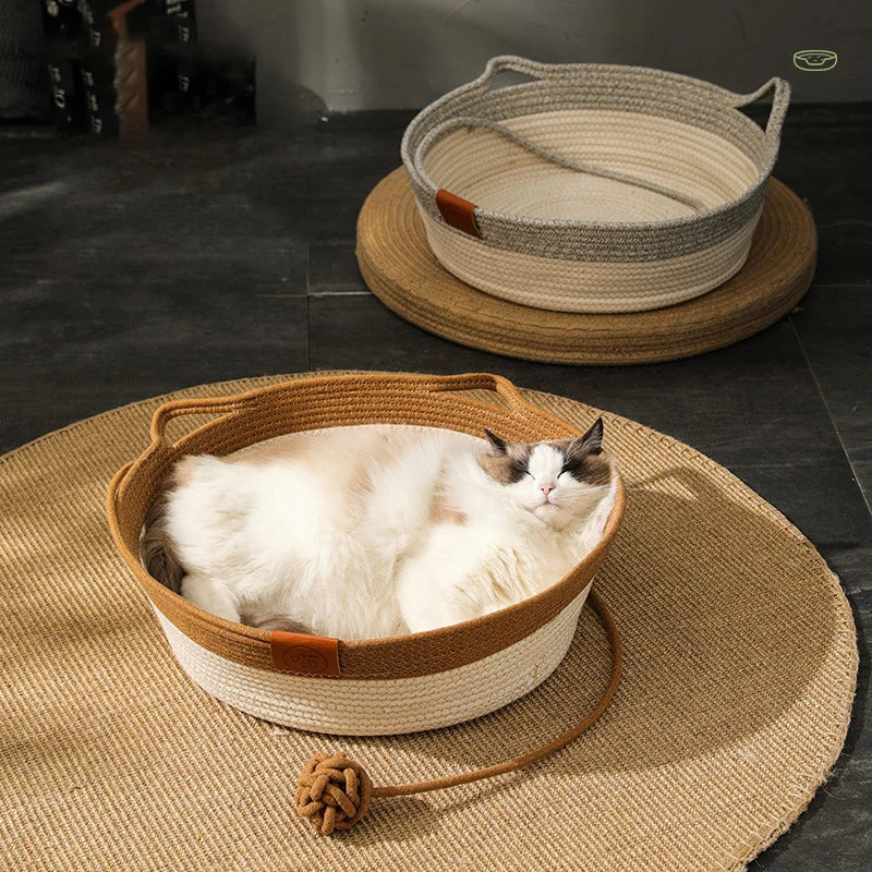 Handwoven Rattan Cat Bed - Natural Eco-Friendly Pet Basket with Removable Washable Cushion & Scratch-Resistant Base