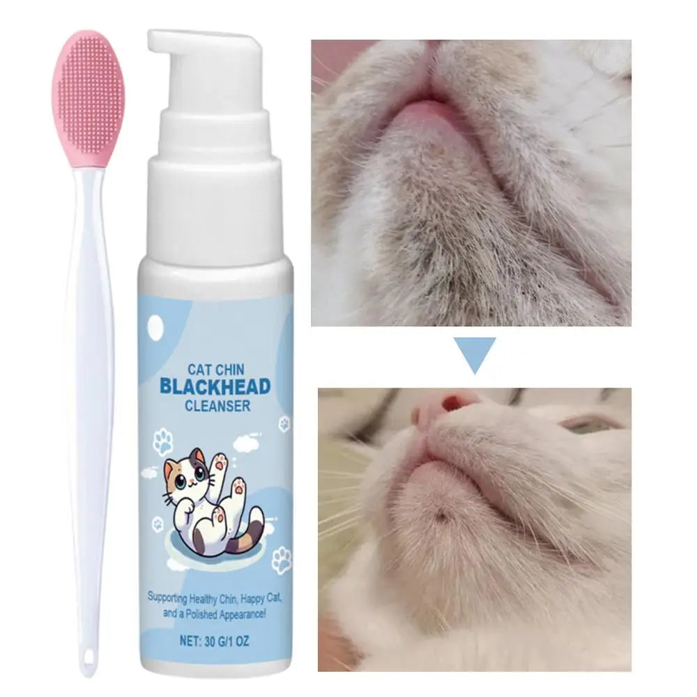Cat Chin Cleaner 30g - Feline Acne Treatment Lotion with Grooming Brush for Blackhead Removal
