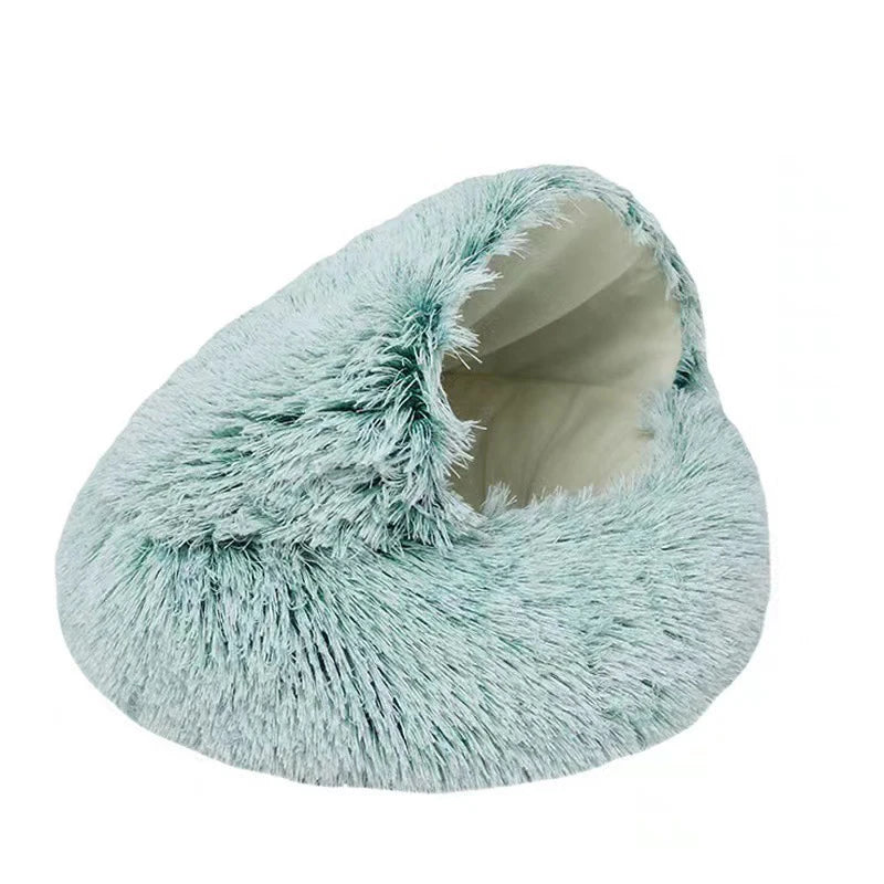 2-in-1 Plush Cave Cat Bed - Convertible Hooded Pet Nest with Removable Cover for Small Cats & Dogs