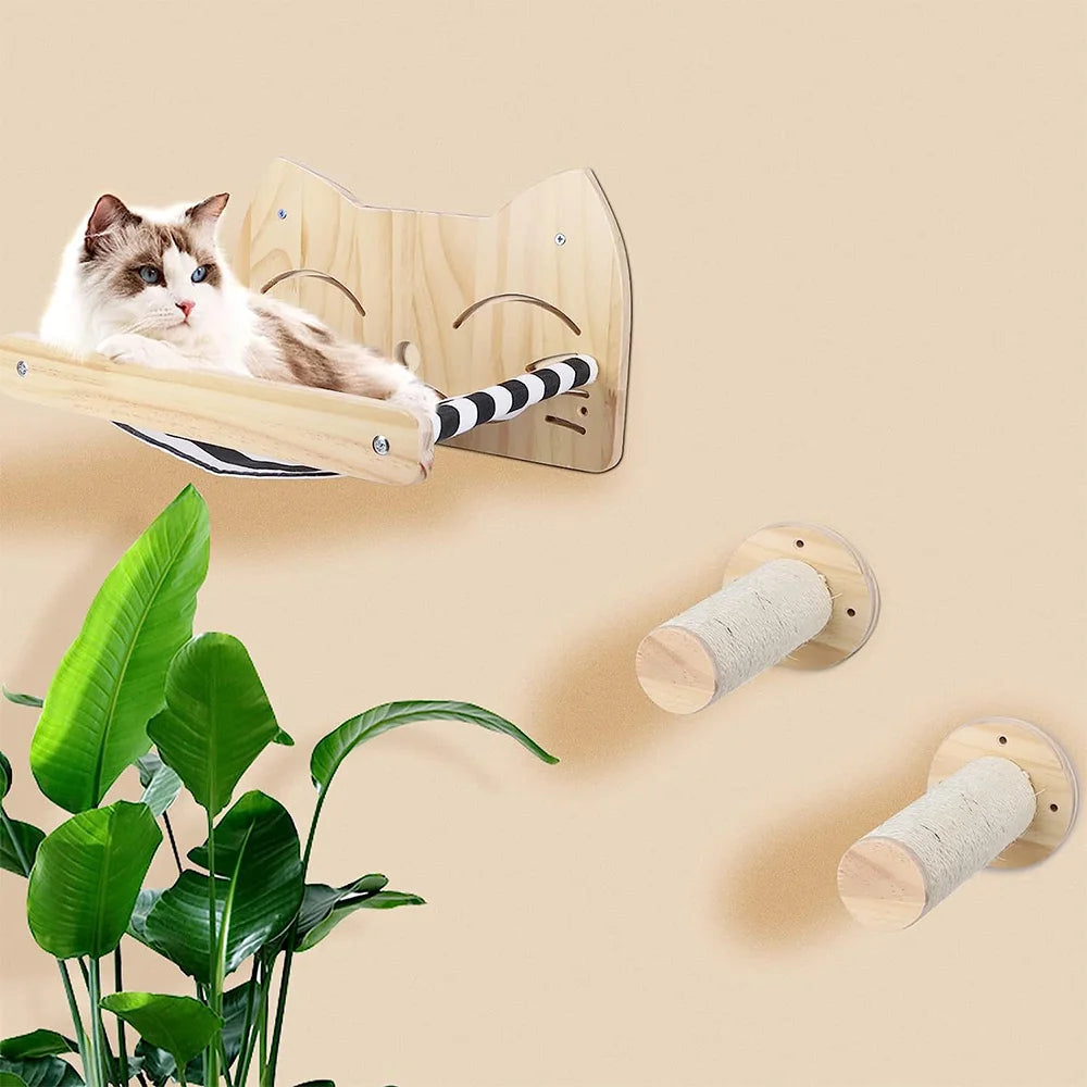 Premium Wooden Cat Wall Furniture Set - Multi-Level Climbing Shelves, Hammocks & Scratching Posts for Indoor Cats
