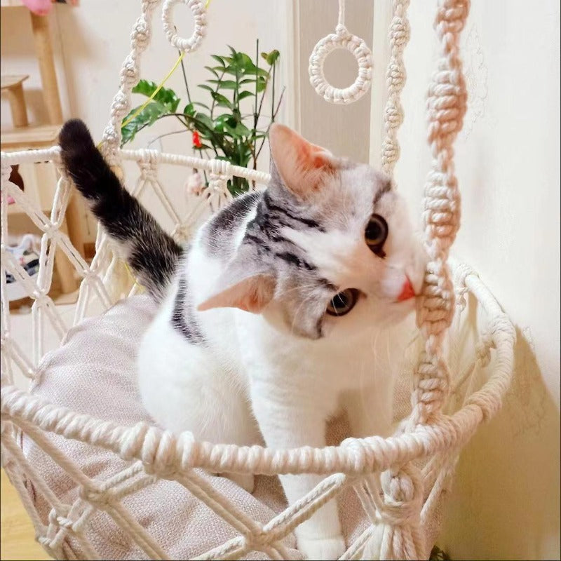 Handwoven Macramé Cat Hammock - Suspended Cotton Rope Basket with Cushion for Indoor Cats