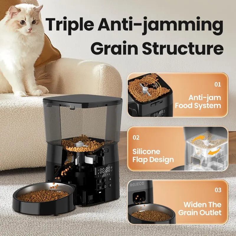 ROJECO Automatic Cat Feeder with LCD Display - Programmable Pet Food Dispenser for Cats and Dogs