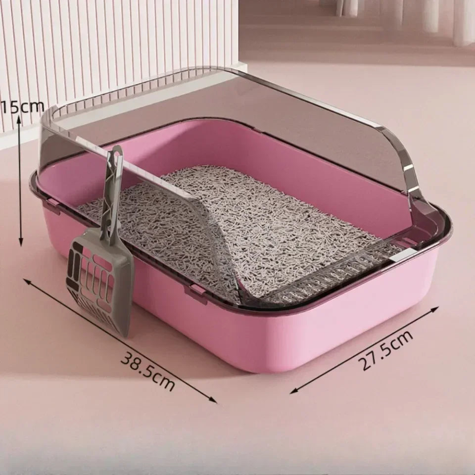 Semi-Enclosed Cat Litter Tray with High Splash Guards & Free Scoop - Easy Clean Open Top Design