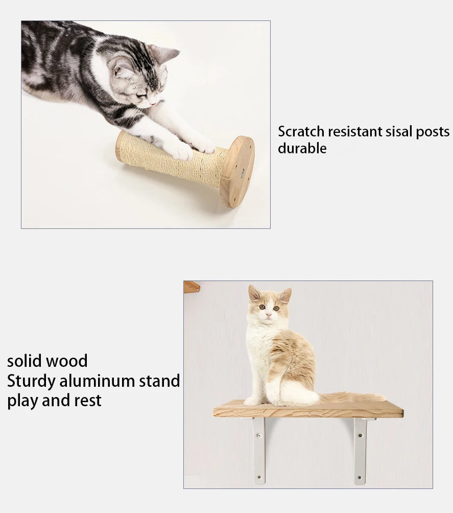 Modular Wall-Mounted Cat Climbing System - Wooden Cat Tree Shelves with Hammocks & Scratching Posts