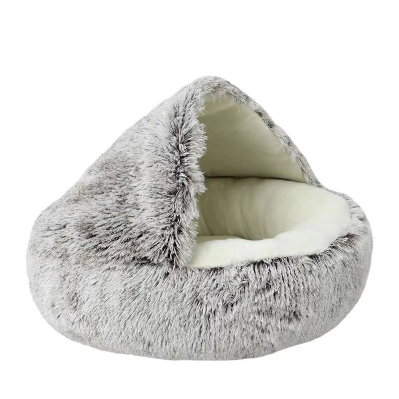 2-in-1 Plush Cave Cat Bed - Convertible Hooded Pet Nest with Removable Cover for Small Cats & Dogs