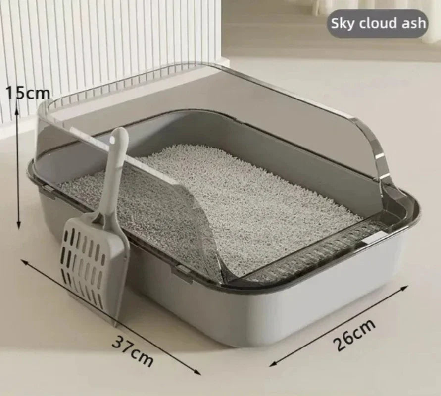Semi-Enclosed Cat Litter Tray with Splash Guard - Anti-Tracking Design for Clean Homes