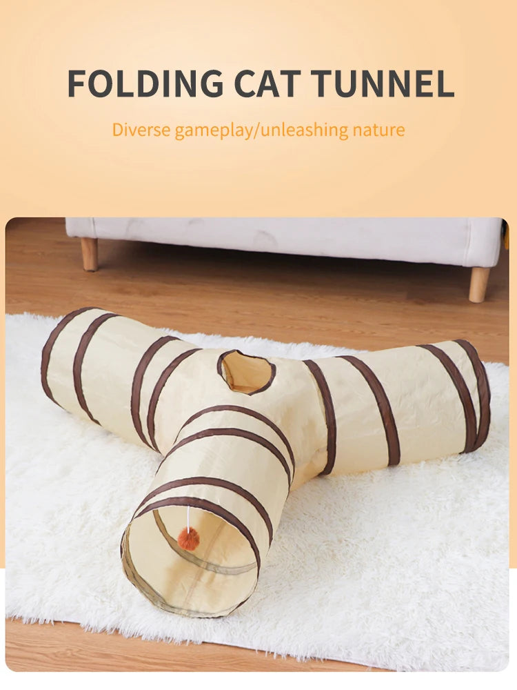 3-Way Cat Tunnel with Play Ball - Collapsible Interactive Toy for Indoor Cats