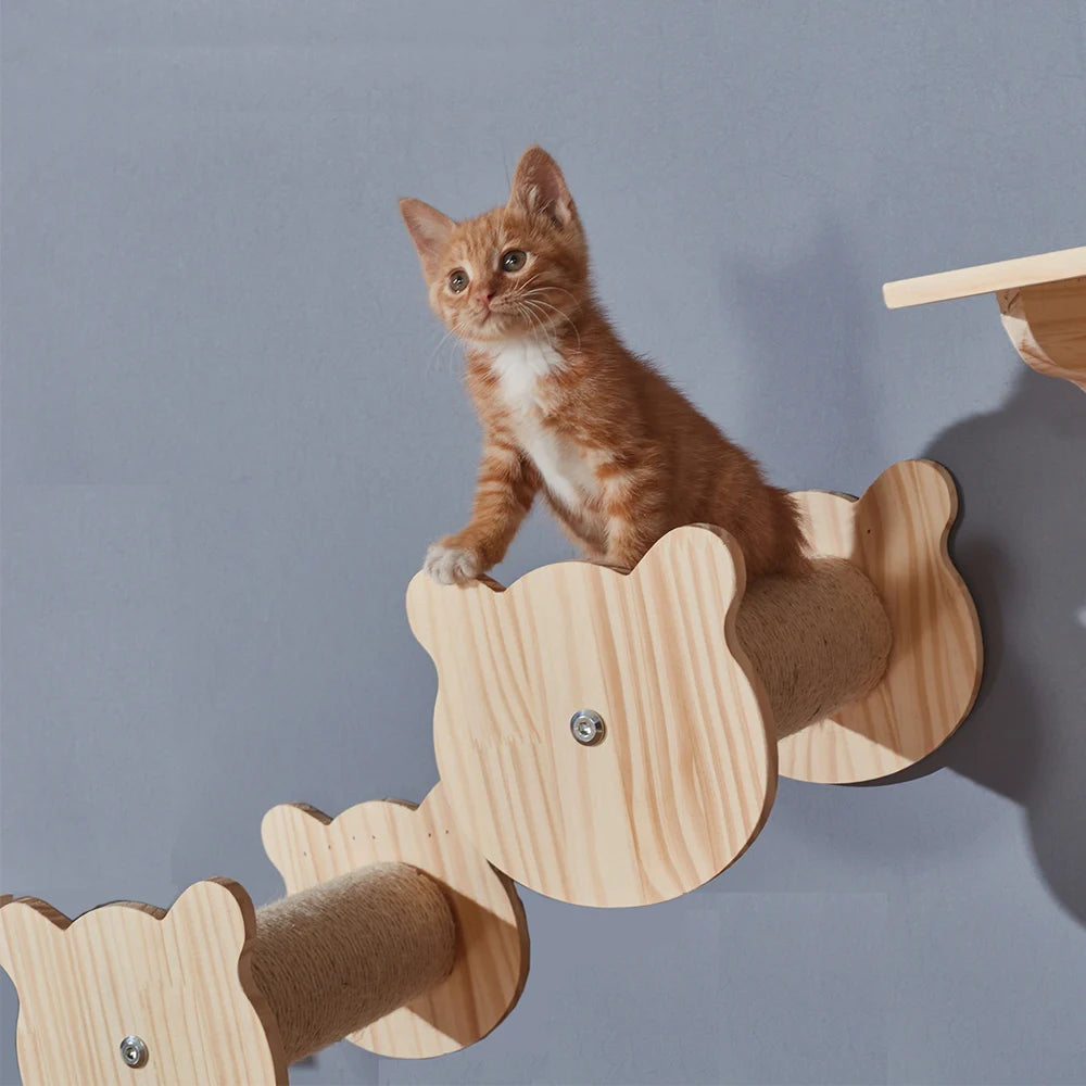 Wooden Cat Wall Climbing System - Modular Shelves & Scratching Posts with Sisal Rope