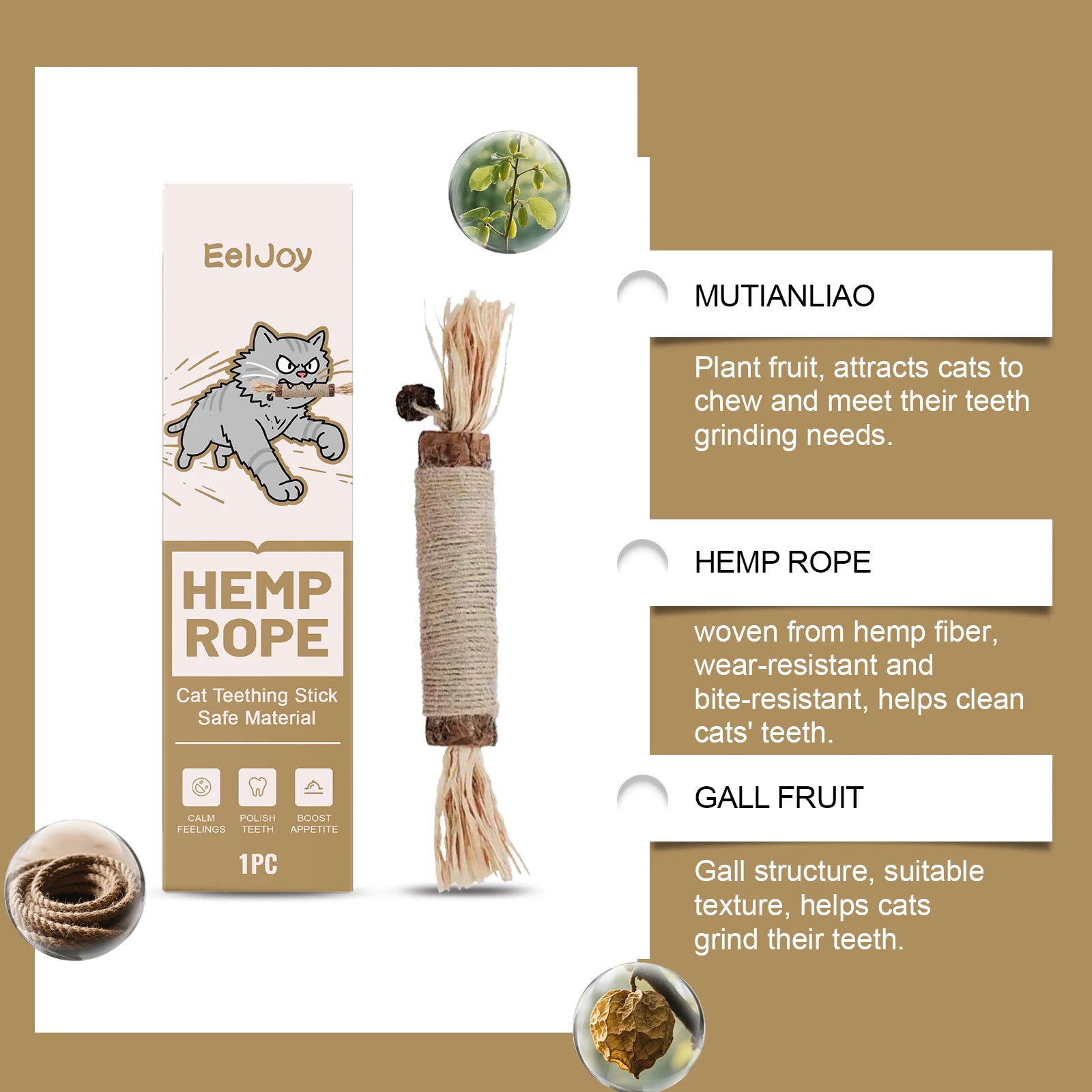 EelJoy Cat Dental Chew Stick - Natural Hemp Rope Teeth Grinding Toy