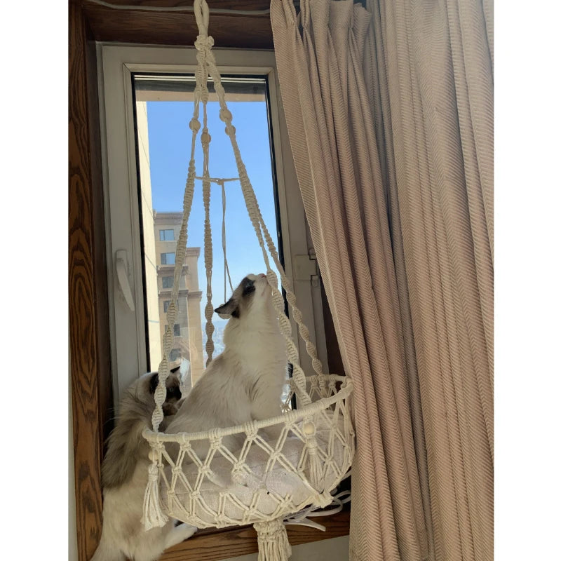 Handwoven Macrame Cat Hammock - Bohemian Cotton Swing Bed for Wall Mounting & Home Décor